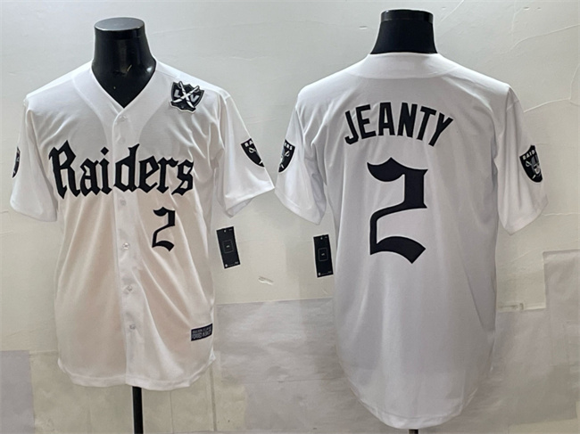 Men's Las Vegas Raiders #2 Ashton Jeanty White 'Gothic Sin City Shadows Edition' With 65th Anniversary Patch Vapor Limited Stitched Baseball Jersey Men's Las Vegas Raiders #2 Ashton Jeanty White 'Gothic Sin City Shadows Edition' With 65th Anniversary Patch Vapor Limited Stitched Baseball Jersey