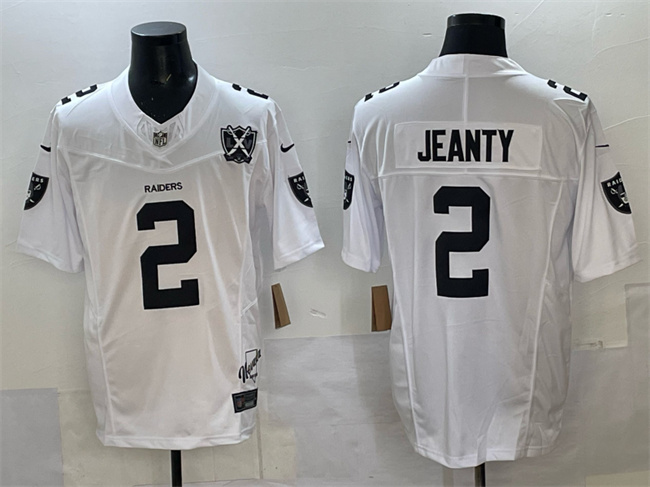 Men's Las Vegas Raiders #2 Ashton Jeanty White 2025 Draft F.U.S.E. With Nevada Silver Stat Patch And 65th Anniversary Patch Stitched Football Jersey Men's Las Vegas Raiders #2 Ashton Jeanty White 2025 Draft F.U.S.E. With Nevada Silver Stat Patch And 65th Anniversary Patch Stitched Football Jersey