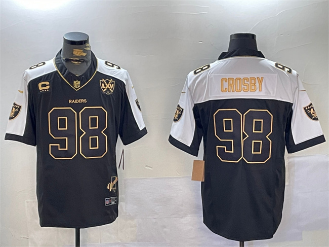 Men's Las Vegas Raiders #98 Maxx Crosby Black Gold F.U.S.E. With Nevada Silver Stat Patch And 65th Anniversary Patch 4-Star C Patch Limited Stitched Football Jersey Men's Las Vegas Raiders #98 Maxx Crosby Black Gold F.U.S.E. With Nevada Silver Stat Patch And 65th Anniversary Patch 4-Star C Patch Limited Stitched Football Jersey