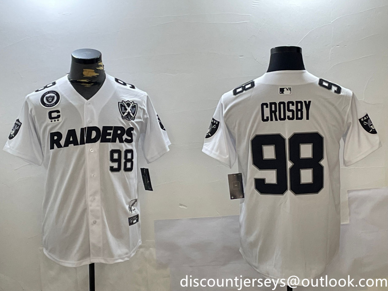 Men's Las Vegas Raiders #98 Maxx Crosby White With Nevada Silver Stat Patch And 65th Anniversary Patch 3-Star C Patch Stitched Baseball Jersey 1 Men's Las Vegas Raiders #98 Maxx Crosby White With Nevada Silver Stat Patch And 65th Anniversary Patch 3-Star C Patch Stitched Baseball Jersey 1