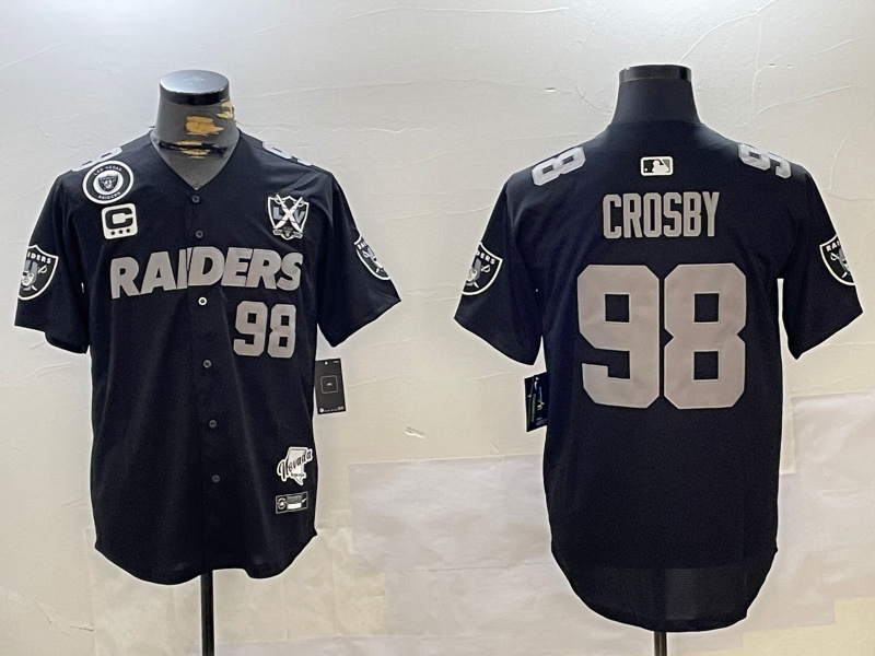 Men's Las Vegas Raiders #98 Maxx Crosby Black With Nevada Silver Stat Patch And 65th Anniversary Patch 3-Star C Patch Stitched Baseball Jersey 3 Men's Las Vegas Raiders #98 Maxx Crosby Black With Nevada Silver Stat Patch And 65th Anniversary Patch 3-Star C Patch Stitched Baseball Jersey 3