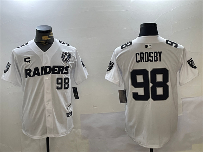 Men's Las Vegas Raiders #98 Maxx Crosby White With Nevada Silver Stat Patch And 65th Anniversary Patch 3-Star C Patch Stitched Baseball Jersey Men's Las Vegas Raiders #98 Maxx Crosby White With Nevada Silver Stat Patch And 65th Anniversary Patch 3-Star C Patch Stitched Baseball Jersey
