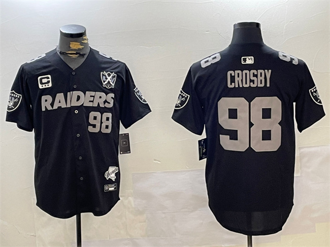 Men's Las Vegas Raiders #98 Maxx Crosby Black With Nevada Silver Stat Patch And 65th Anniversary Patch 3-Star C Patch Stitched Baseball Jersey Men's Las Vegas Raiders #98 Maxx Crosby Black With Nevada Silver Stat Patch And 65th Anniversary Patch 3-Star C Patch Stitched Baseball Jersey