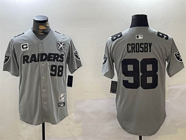 Men's Las Vegas Raiders #98 Maxx Crosby Grey With Nevada Silver Stat Patch And 65th Anniversary Patch 3-Star C Patch Stitched Baseball Jersey Men's Las Vegas Raiders #98 Maxx Crosby Grey With Nevada Silver Stat Patch And 65th Anniversary Patch 3-Star C Patch Stitched Baseball Jersey