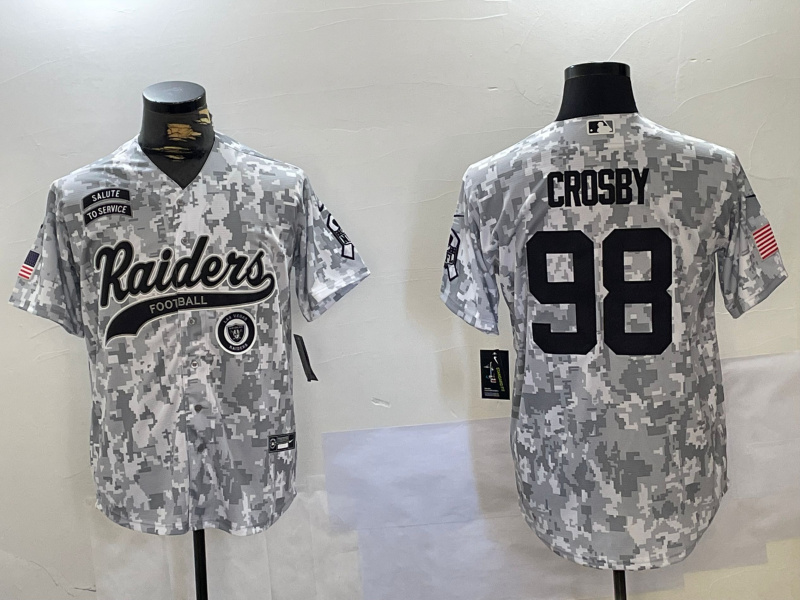 Men's Las Vegas Raiders #98 Maxx Crosby 2024 Arctic Camo Salute To Service Stitched Baseball Jersey 3 Men's Las Vegas Raiders #98 Maxx Crosby 2024 Arctic Camo Salute To Service Stitched Baseball Jersey 3