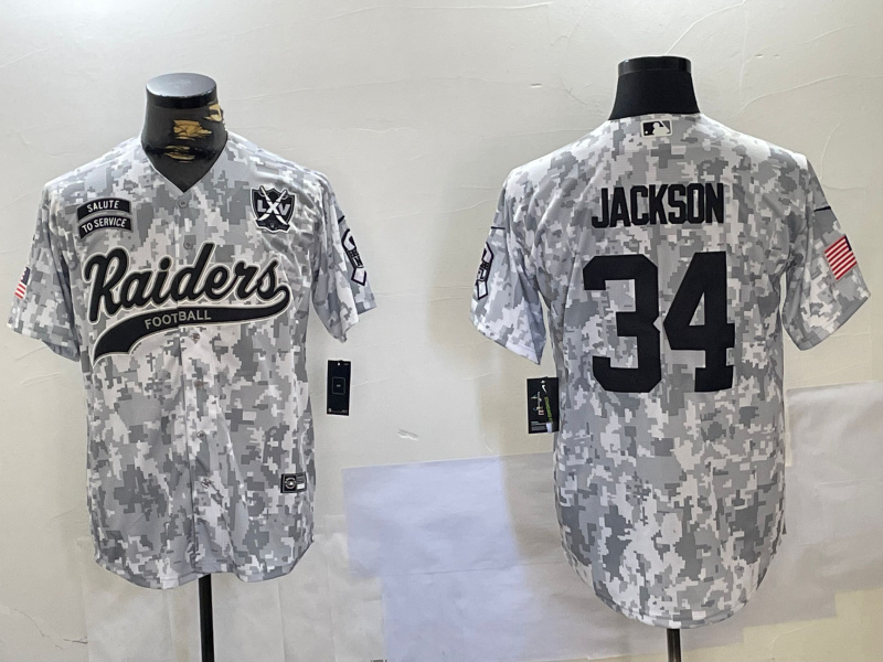 Men's Las Vegas Raiders #34 Bo Jackson 2024 Arctic Camo Salute To Service Stitched Baseball Jersey 2 Men's Las Vegas Raiders #34 Bo Jackson 2024 Arctic Camo Salute To Service Stitched Baseball Jersey 2