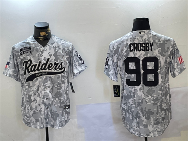 Men's Las Vegas Raiders #98 Maxx Crosby 2024 Arctic Camo Salute To Service Stitched Baseball Jersey Men's Las Vegas Raiders #98 Maxx Crosby 2024 Arctic Camo Salute To Service Stitched Baseball Jersey