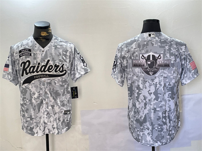 Men's Las Vegas Raiders Team Big Logo 2024 Arctic Camo Salute To Service Stitched Baseball Jersey 1 Men's Las Vegas Raiders Team Big Logo 2024 Arctic Camo Salute To Service Stitched Baseball Jersey 1