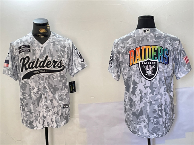 Men's Las Vegas Raiders Team Big Logo 2024 Arctic Camo Salute To Service Stitched Baseball Jersey Men's Las Vegas Raiders Team Big Logo 2024 Arctic Camo Salute To Service Stitched Baseball Jersey