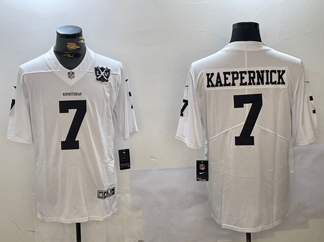 Men's Las Vegas Raiders #7 Colin Kaepernick White With 65th Anniversary Patch Vapor Limited Stitched Football Jersey Men's Las Vegas Raiders #7 Colin Kaepernick White With 65th Anniversary Patch Vapor Limited Stitched Football Jersey