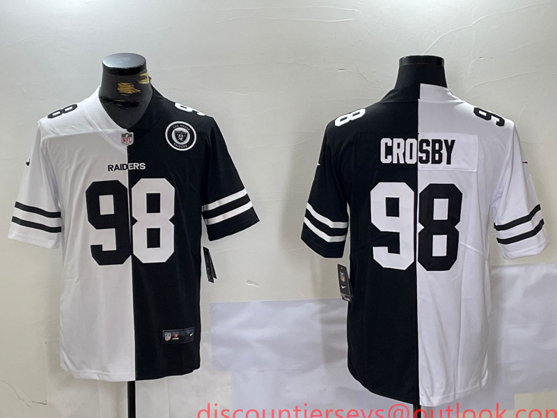 Men's Las Vegas Raiders #98 Maxx Crosby Black & White Split With 65th Anniversary Patch Vapor Limited Stitched Jersey 2 Men's Las Vegas Raiders #98 Maxx Crosby Black & White Split With 65th Anniversary Patch Vapor Limited Stitched Jersey 2