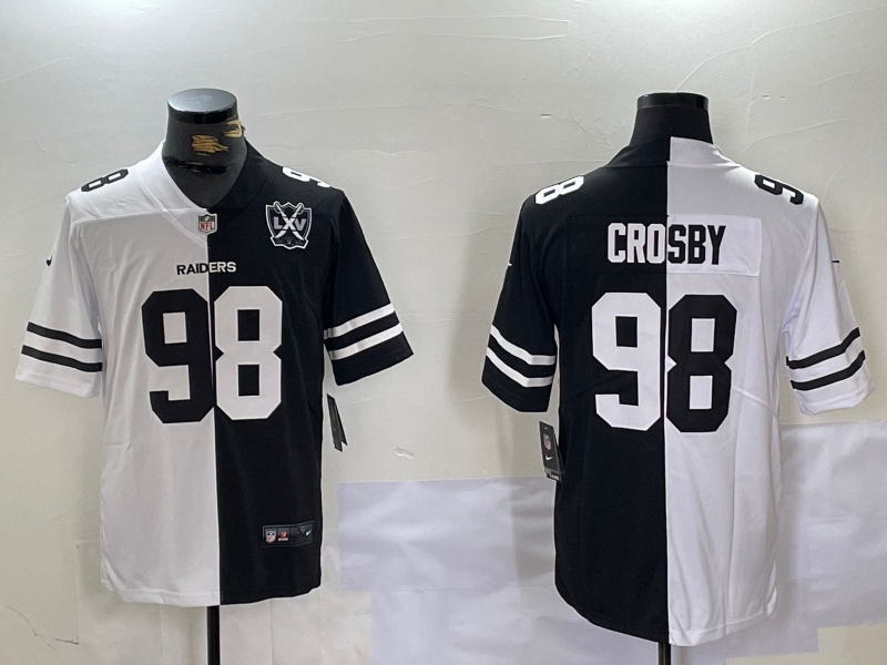 Men's Las Vegas Raiders #98 Maxx Crosby Black & White Split With 65th Anniversary Patch Vapor Limited Stitched Jersey 1 Men's Las Vegas Raiders #98 Maxx Crosby Black & White Split With 65th Anniversary Patch Vapor Limited Stitched Jersey 1