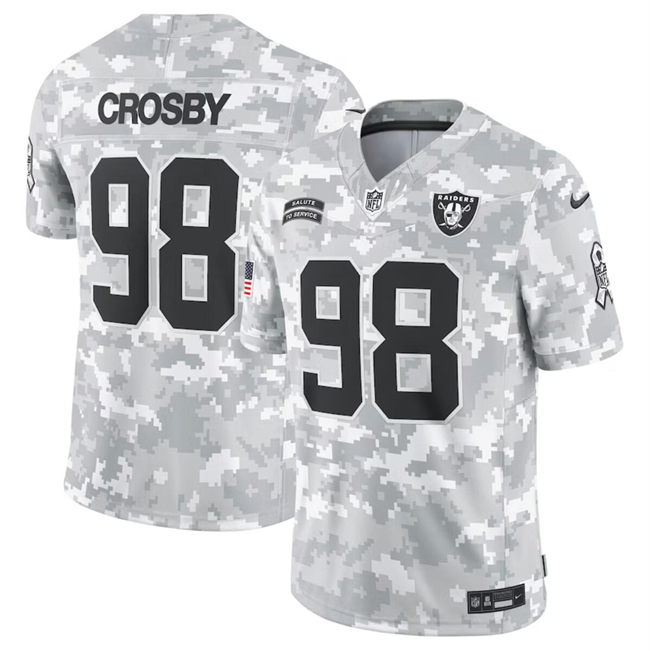Men's Las Vegas Raiders #98 Maxx Crosby 2024 Arctic Camo Salute To Service Limited Stitched Football Jersey Men's Las Vegas Raiders #98 Maxx Crosby 2024 Arctic Camo Salute To Service Limited Stitched Football Jersey