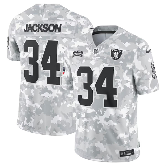Men's Las Vegas Raiders #34 Bo Jackson 2024 Arctic Camo Salute To Service Limited Stitched Football Jersey Men's Las Vegas Raiders #34 Bo Jackson 2024 Arctic Camo Salute To Service Limited Stitched Football Jersey