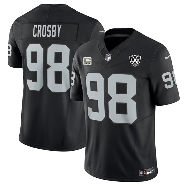 Men's Las Vegas Raiders #98 Maxx Crosby Black 2024 F.U.S.E With 4-Star C Patch And 65th Anniversary Patch Vapor Stitched Football Jersey Men's Las Vegas Raiders #98 Maxx Crosby Black 2024 F.U.S.E With 4-Star C Patch And 65th Anniversary Patch Vapor Stitched Football Jersey