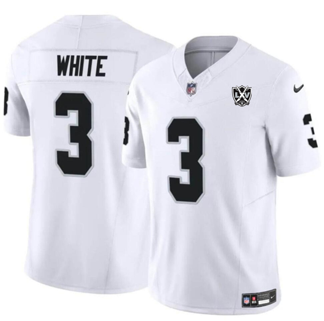 Men's Las Vegas Raiders #3 Zamir White White 2024 F.U.S.E 65th Anniversary Patch Vapor Stitched Football Jersey Men's Las Vegas Raiders #3 Zamir White White 2024 F.U.S.E 65th Anniversary Patch Vapor Stitched Football Jersey