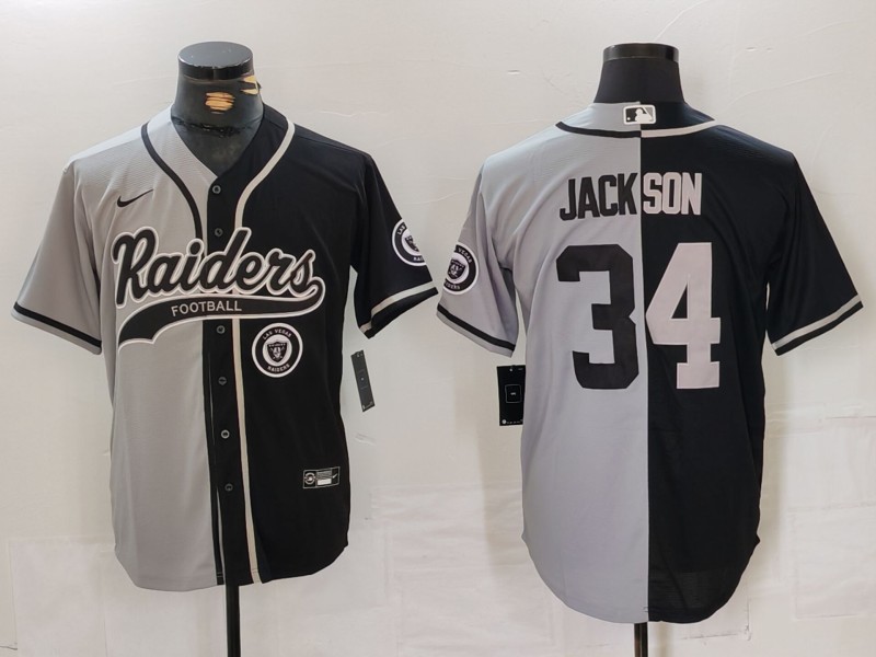 Men's Las Vegas Raiders #34 Bo Jackson Grey Black Split Cool Base Stitched Baseball Jersey 2 Men's Las Vegas Raiders #34 Bo Jackson Grey Black Split Cool Base Stitched Baseball Jersey 2