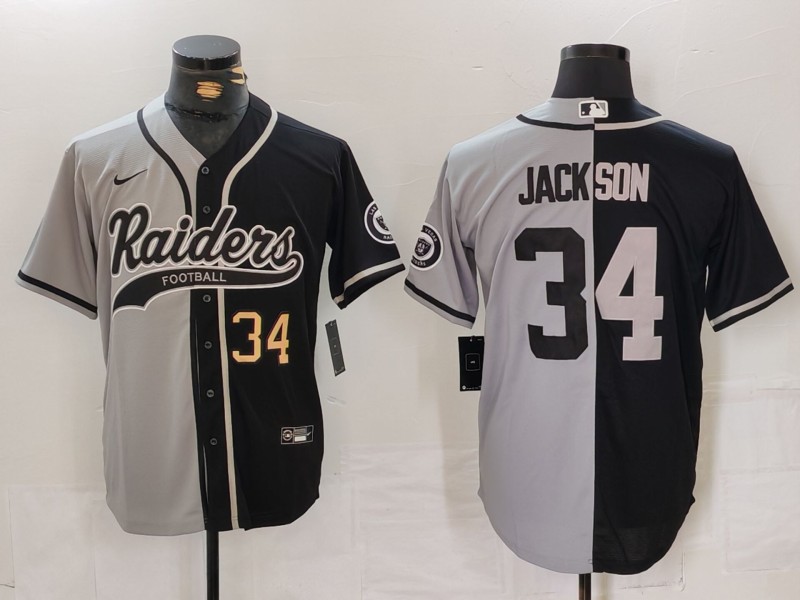 Men's Las Vegas Raiders #34 Bo Jackson Grey Black Split Cool Base Stitched Baseball Jersey 1 Men's Las Vegas Raiders #34 Bo Jackson Grey Black Split Cool Base Stitched Baseball Jersey 1