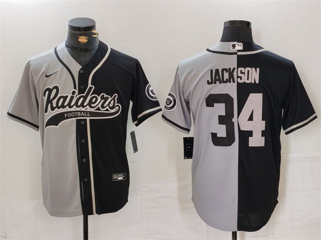 Men's Las Vegas Raiders #34 Bo Jackson Grey Black Split Cool Base Stitched Baseball Jersey Men's Las Vegas Raiders #34 Bo Jackson Grey Black Split Cool Base Stitched Baseball Jersey