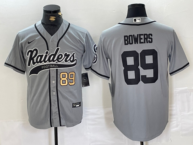 Men's Las Vegas Raiders #89 Brock Bowers Grey Cool Base Stitched Baseball Jersey 2 Men's Las Vegas Raiders #89 Brock Bowers Grey Cool Base Stitched Baseball Jersey 2