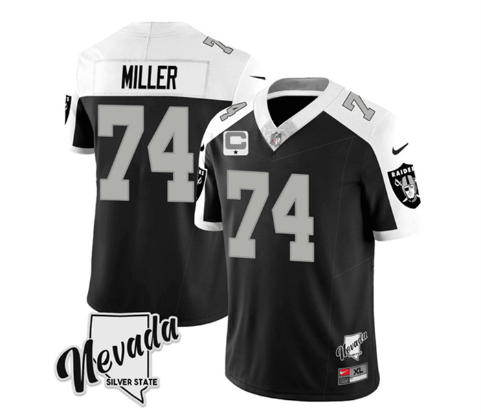 Men's Las Vegas Raiders #74 Kolton Miller Black White 2023 F.U.S.E Nevada Silver Stat With 1-Star C Patch Stitched Football Jersey Men's Las Vegas Raiders #74 Kolton Miller Black White 2023 F.U.S.E Nevada Silver Stat With 1-Star C Patch Stitched Football Jersey