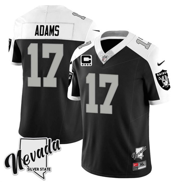 Men's Las Vegas Raiders #17 Davante Adams Black White 2023 F.U.S.E Nevada Silver Stat With 4-Star C Patch Stitched Football Jersey Men's Las Vegas Raiders #17 Davante Adams Black White 2023 F.U.S.E Nevada Silver Stat With 4-Star C Patch Stitched Football Jersey