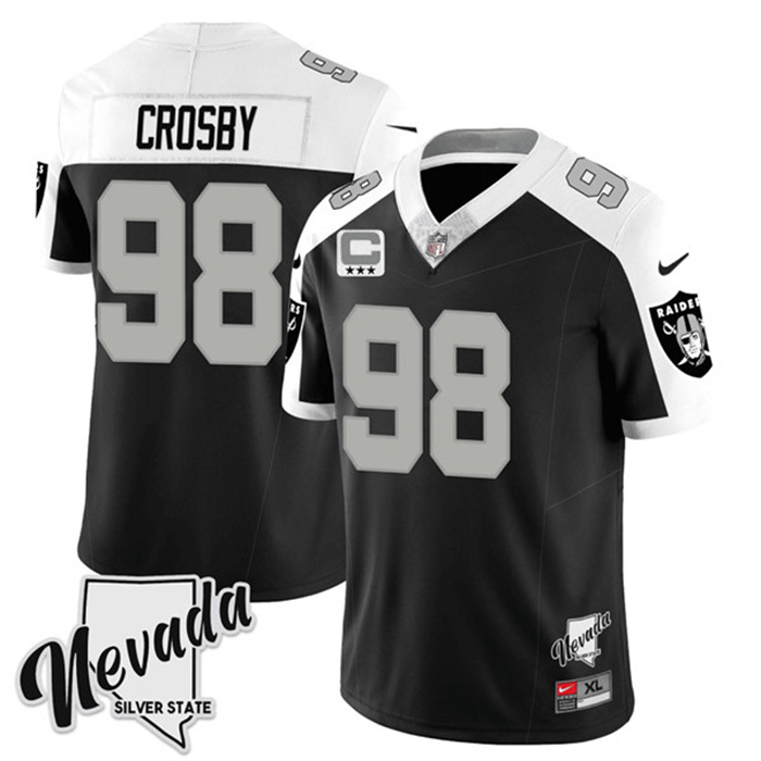 Men's Las Vegas Raiders #98 Maxx Crosby Black White 2023 F.U.S.E Nevada Silver Stat With 3-Star C Patch Stitched Football Jersey Men's Las Vegas Raiders #98 Maxx Crosby Black White 2023 F.U.S.E Nevada Silver Stat With 3-Star C Patch Stitched Football Jersey