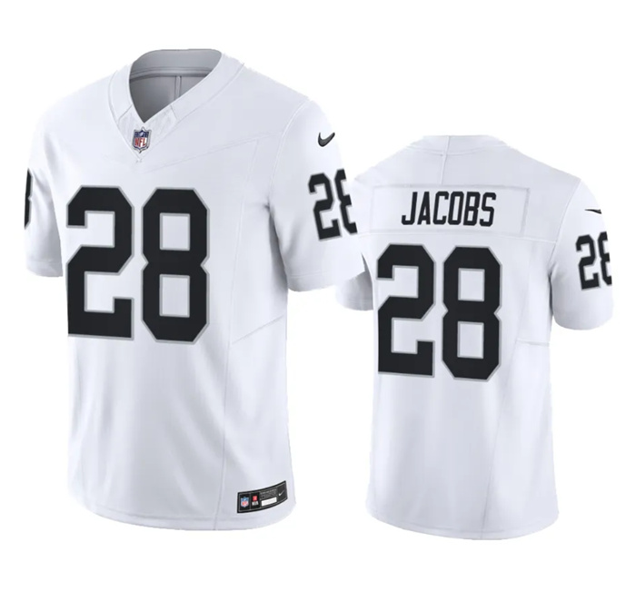 Men's Las Vegas Raiders #28 Josh Jacobs White 2023 F.U.S.E Vapor Untouchable Stitched Football Jersey Men's Las Vegas Raiders #28 Josh Jacobs White 2023 F.U.S.E Vapor Untouchable Stitched Football Jersey