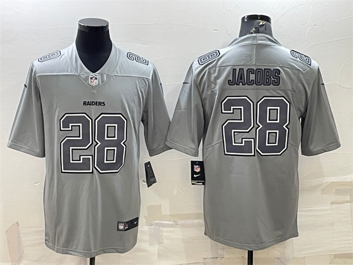 Men's Las Vegas Raiders #28 Josh Jacobs Grey Atmosphere Fashion Stitched Jersey Men's Las Vegas Raiders #28 Josh Jacobs Grey Atmosphere Fashion Stitched Jersey