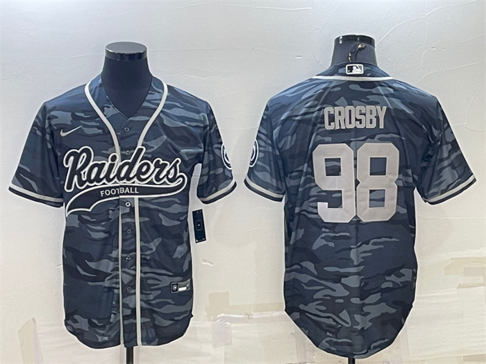 Men's Las Vegas Raiders #98 Maxx Crosby Grey Camo With Patch Cool Base Stitched Baseball Jersey Men's Las Vegas Raiders #98 Maxx Crosby Grey Camo With Patch Cool Base Stitched Baseball Jersey
