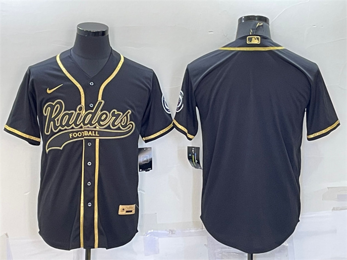 Men's Las Vegas Raiders Blank Black Gold With Patch Cool Base Stitched Baseball Jersey Men's Las Vegas Raiders Blank Black Gold With Patch Cool Base Stitched Baseball Jersey