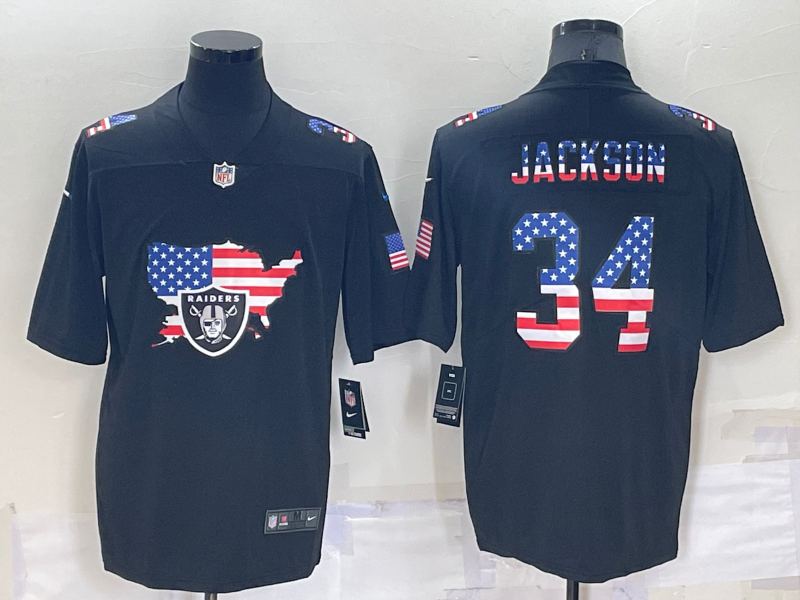 Men's Las Vegas Raiders #34 Bo Jackson Black USA Flag Limited Stitched Jersey Men's Las Vegas Raiders #34 Bo Jackson Black USA Flag Limited Stitched Jersey