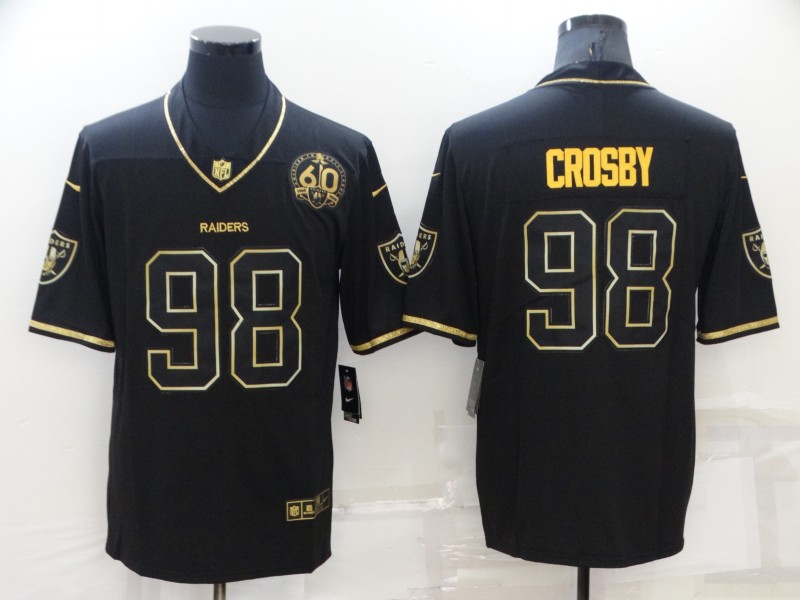Men's Las Vegas Raiders #98 Maxx Crosby Black Gold With 60th Anniversary Patch Vapor Limited Stitched Jersey Men's Las Vegas Raiders #98 Maxx Crosby Black Gold With 60th Anniversary Patch Vapor Limited Stitched Jersey