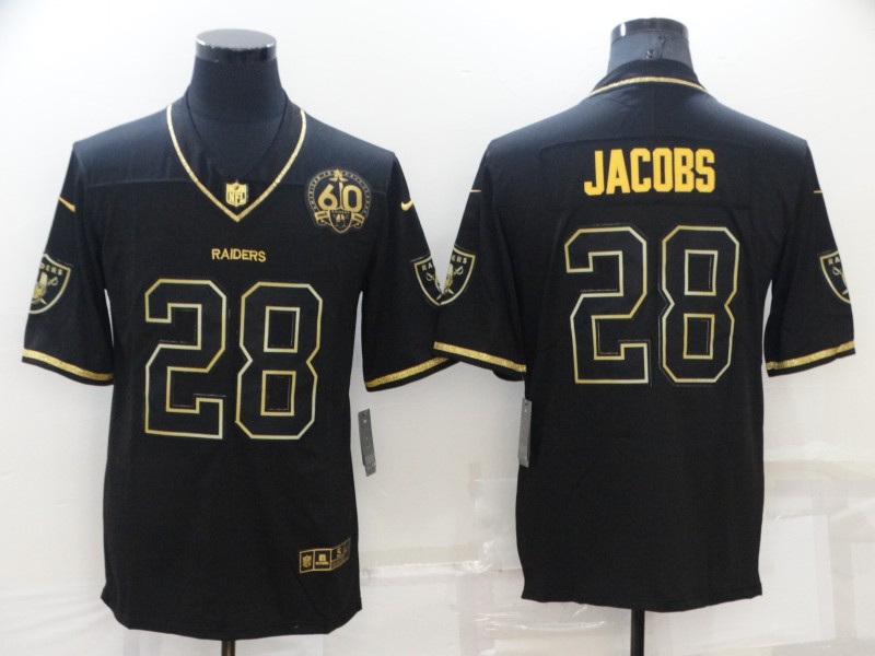 Men's Las Vegas Raiders #28 Josh Jacobs Black Gold With 60th Anniversary Patch Vapor Limited Stitched Jersey Men's Las Vegas Raiders #28 Josh Jacobs Black Gold With 60th Anniversary Patch Vapor Limited Stitched Jersey