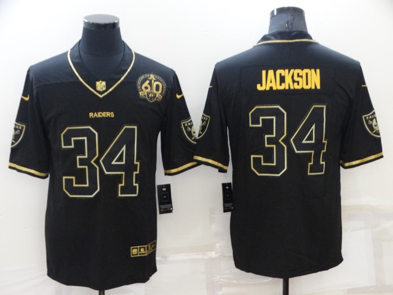 Men's Las Vegas Raiders #34 Bo Jackson Black Gold With 60th Anniversary Patch Vapor Limited Stitched Jersey Men's Las Vegas Raiders #34 Bo Jackson Black Gold With 60th Anniversary Patch Vapor Limited Stitched Jersey