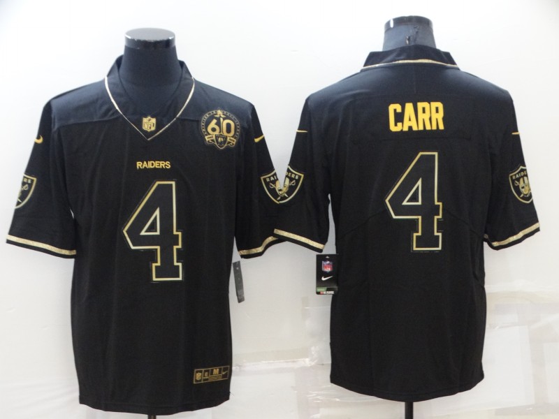 Men's Las Vegas Raiders #4 Derek Carr Black Gold With 60th Anniversary Patch Vapor Limited Stitched Jersey Men's Las Vegas Raiders #4 Derek Carr Black Gold With 60th Anniversary Patch Vapor Limited Stitched Jersey