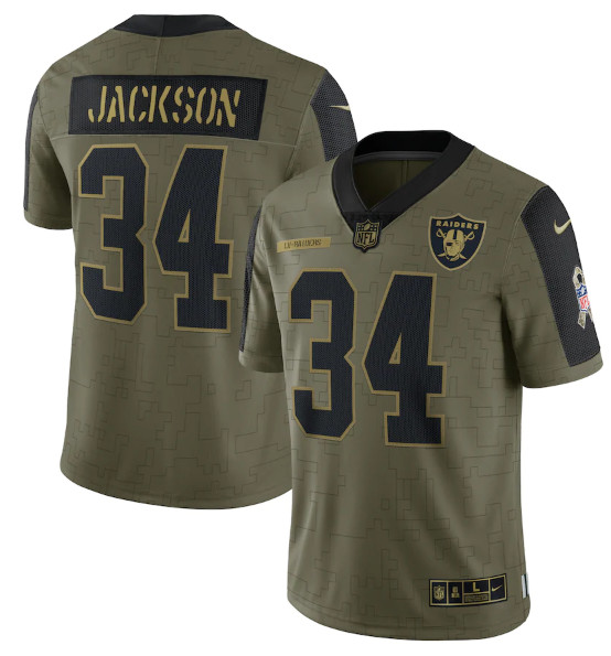 Men's Las Vegas Raiders #34 Bo Jackson 2021 Olive Salute To Service Limited Stitched Jersey Men's Las Vegas Raiders #34 Bo Jackson 2021 Olive Salute To Service Limited Stitched Jersey