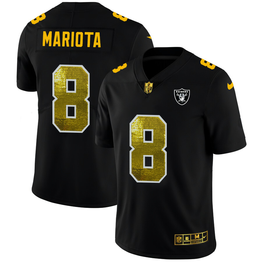 Las Vegas Raiders #8 Marcus Mariota Men's Black Nike Golden Sequin Vapor Limited NFL Jersey Las Vegas Raiders #8 Marcus Mariota Men's Black Nike Golden Sequin Vapor Limited NFL Jersey