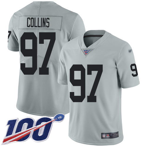Nike Raiders #97 Maliek Collins Silver Men's Stitched NFL Limited Inverted Legend 100th Season Jersey Nike Raiders #97 Maliek Collins Silver Men's Stitched NFL Limited Inverted Legend 100th Season Jersey