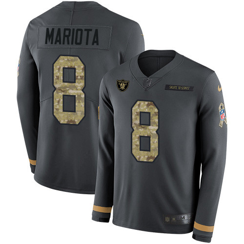 Nike Raiders #8 Marcus Mariota Anthracite Salute to Service Men's Stitched NFL Limited Therma Long Sleeve Jersey Nike Raiders #8 Marcus Mariota Anthracite Salute to Service Men's Stitched NFL Limited Therma Long Sleeve Jersey