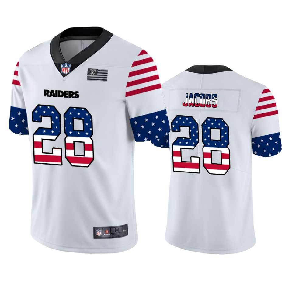 Las Vegas Raiders #28 Josh Jacobs White Men's Nike Team Logo USA Flag Vapor Untouchable Limited NFL Jersey Las Vegas Raiders #28 Josh Jacobs White Men's Nike Team Logo USA Flag Vapor Untouchable Limited NFL Jersey