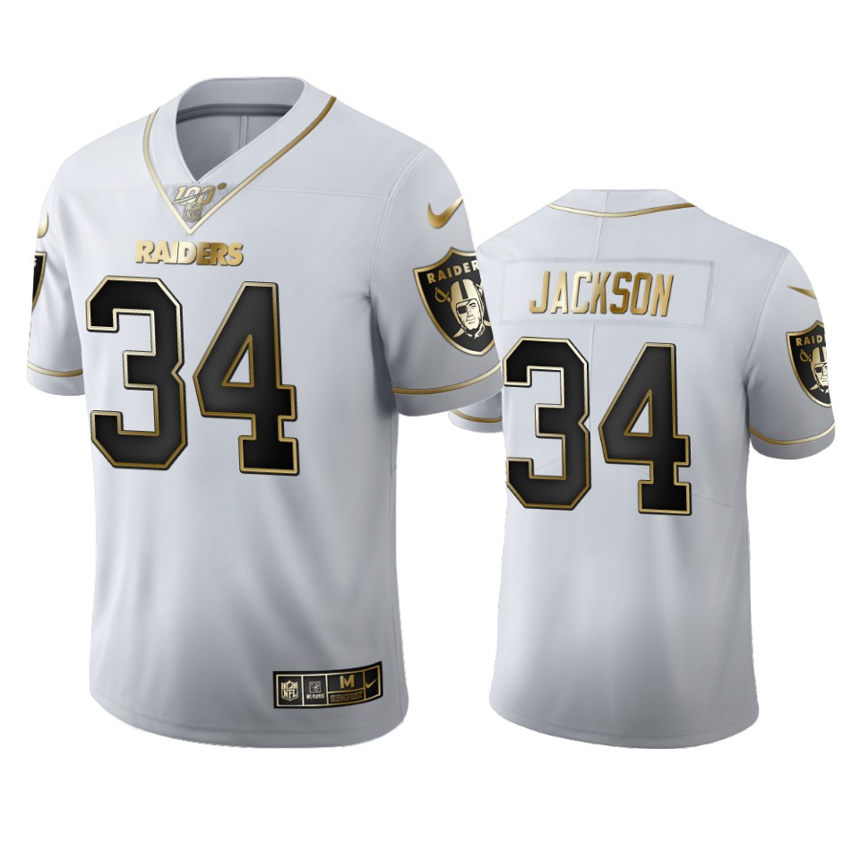 Las Vegas Raiders #34 Bo Jackson Men's Nike White Golden Edition Vapor Limited NFL 100 Jersey Las Vegas Raiders #34 Bo Jackson Men's Nike White Golden Edition Vapor Limited NFL 100 Jersey