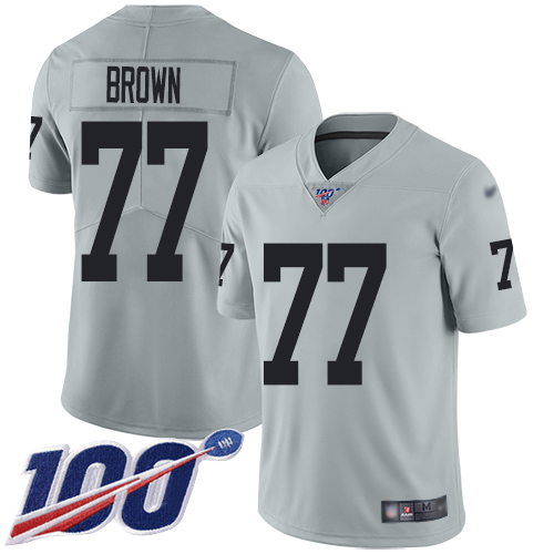 Nike Raiders #77 Trent Brown Silver Men's Stitched NFL Limited Inverted Legend 100th Season Jersey Nike Raiders #77 Trent Brown Silver Men's Stitched NFL Limited Inverted Legend 100th Season Jersey