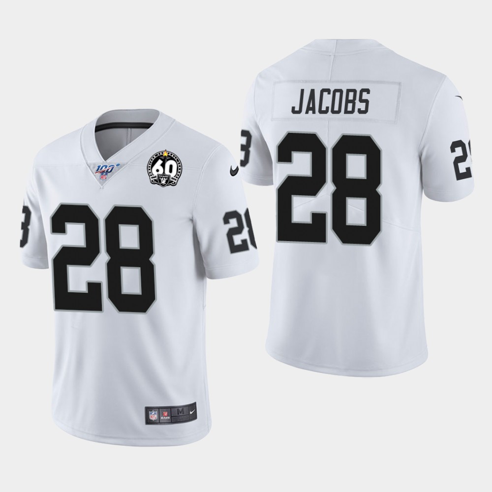 Men's Oakland Raiders #28 Josh Jacobs 100th and 60th Anniversary Vapor Limited Jersey - White Men's Oakland Raiders #28 Josh Jacobs 100th and 60th Anniversary Vapor Limited Jersey - White