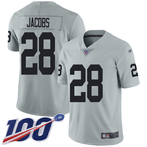 Raiders #28 Josh Jacobs Silver Men's Stitched Football Limited Inverted Legend 100th Season Jersey Raiders #28 Josh Jacobs Silver Men's Stitched Football Limited Inverted Legend 100th Season Jersey