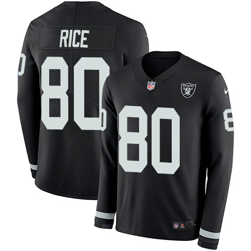 Nike Raiders #80 Jerry Rice Black Team Color Men's Stitched NFL Limited Therma Long Sleeve Jersey Nike Raiders #80 Jerry Rice Black Team Color Men's Stitched NFL Limited Therma Long Sleeve Jersey