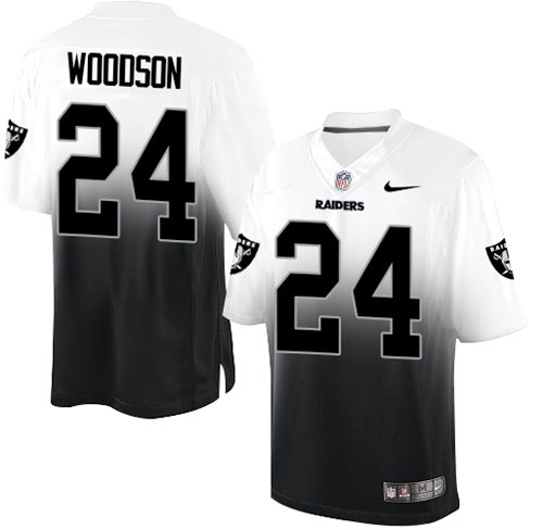 Nike Raiders #24 Charles Woodson White Black Men's Stitched NFL Elite Fadeaway Fashion Jersey Nike Raiders #24 Charles Woodson White Black Men's Stitched NFL Elite Fadeaway Fashion Jersey