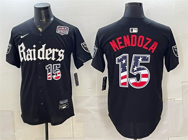 Men's Las Vegas Raiders #15 Fernando Mendoza Black USA 250 Fourth of July 'Gothic Sin City Shadows Edition' Vapor Limited Stitched Baseball Jersey Men's Las Vegas Raiders #15 Fernando Mendoza Black USA 250 Fourth of July 'Gothic Sin City Shadows Edition' Vapor Limited Stitched Baseball Jersey