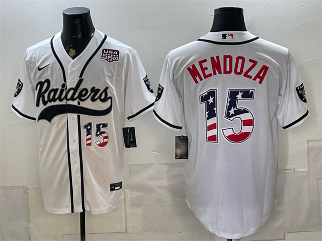 Men's Las Vegas Raiders #15 Fernando Mendoza White USA 250 Fourth of July Vapor Limited Stitched Baseball Jersey Men's Las Vegas Raiders #15 Fernando Mendoza White USA 250 Fourth of July Vapor Limited Stitched Baseball Jersey