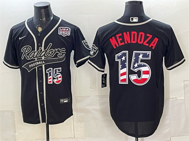 Men's Las Vegas Raiders #15 Fernando Mendoza Black USA 250 Fourth of July Vapor Limited Stitched Baseball Jersey Men's Las Vegas Raiders #15 Fernando Mendoza Black USA 250 Fourth of July Vapor Limited Stitched Baseball Jersey